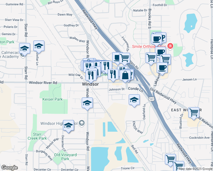 map of restaurants, bars, coffee shops, grocery stores, and more near 270 Windsor River Road in Windsor