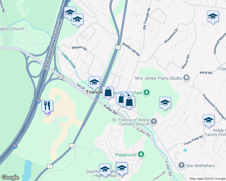 map of restaurants, bars, coffee shops, grocery stores, and more near 18619 Triangle Street in Triangle