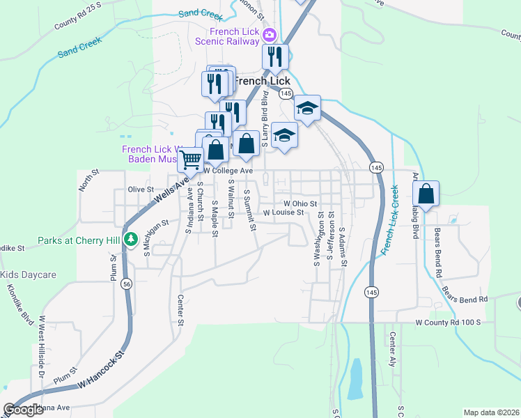 map of restaurants, bars, coffee shops, grocery stores, and more near 8506 West Louise Street in French Lick