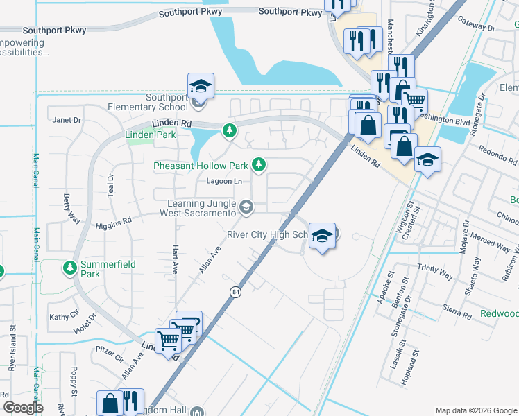 map of restaurants, bars, coffee shops, grocery stores, and more near 2690 Meadowlark Circle in West Sacramento