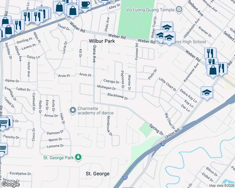 map of restaurants, bars, coffee shops, grocery stores, and more near 4813 Blackhawk Drive in St. Louis