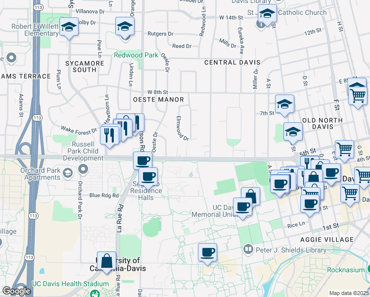 map of restaurants, bars, coffee shops, grocery stores, and more near 521 Elm Lane in Davis