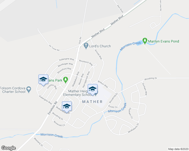 map of restaurants, bars, coffee shops, grocery stores, and more near 10965 Woolwich Way in Sacramento County