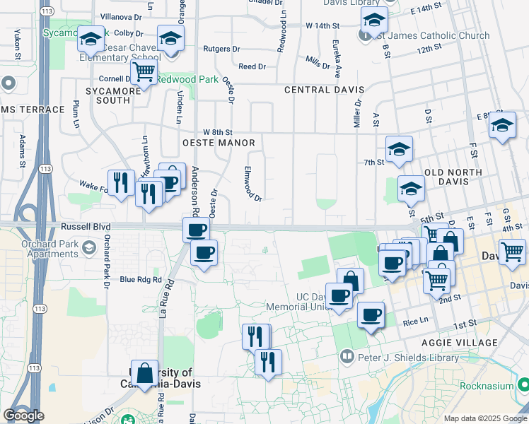 map of restaurants, bars, coffee shops, grocery stores, and more near 521 Elm Lane in Davis