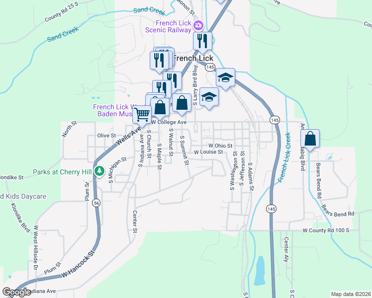 map of restaurants, bars, coffee shops, grocery stores, and more near 8506 Louise St in French Lick