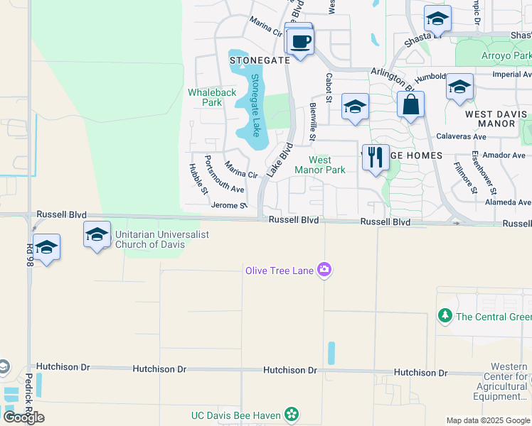 map of restaurants, bars, coffee shops, grocery stores, and more near 500 Lake Boulevard in Davis