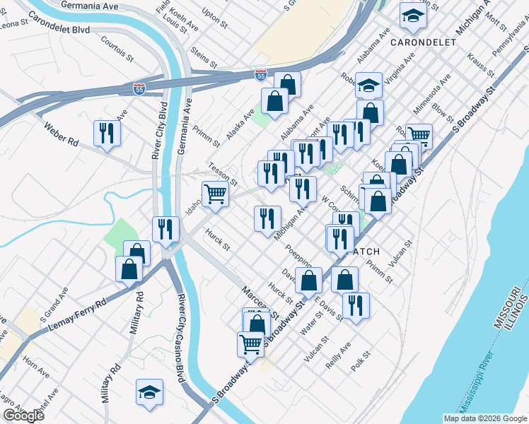 map of restaurants, bars, coffee shops, grocery stores, and more near 8011 Virginia Avenue in St. Louis