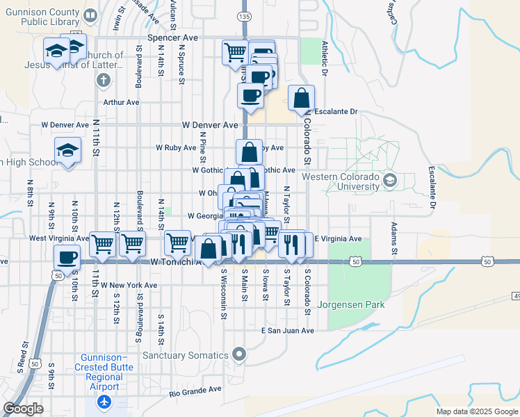 map of restaurants, bars, coffee shops, grocery stores, and more near 305 North Iowa Street in Gunnison