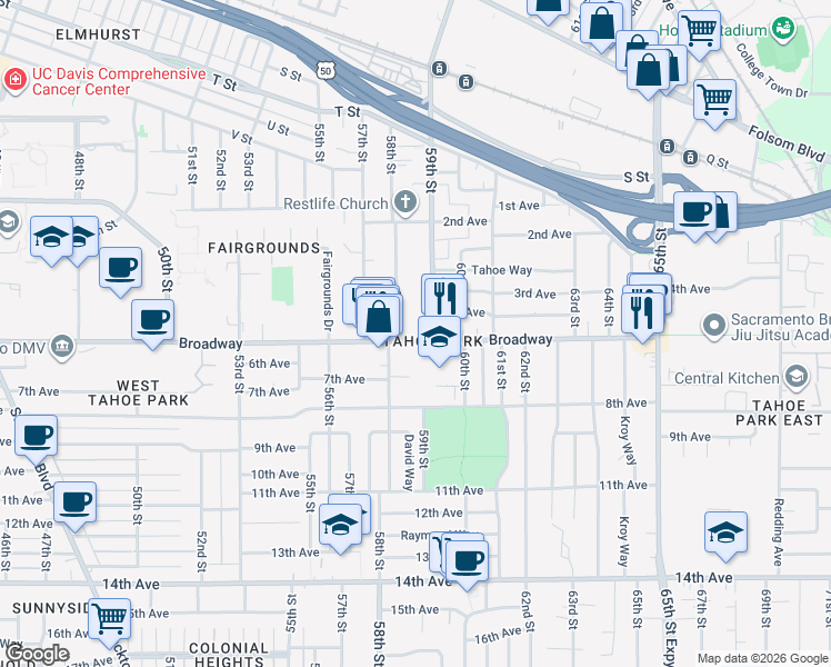 map of restaurants, bars, coffee shops, grocery stores, and more near 2917 59th Street in Sacramento
