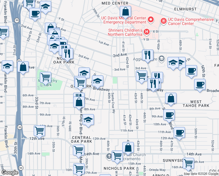 map of restaurants, bars, coffee shops, grocery stores, and more near 3975 Broadway in Sacramento