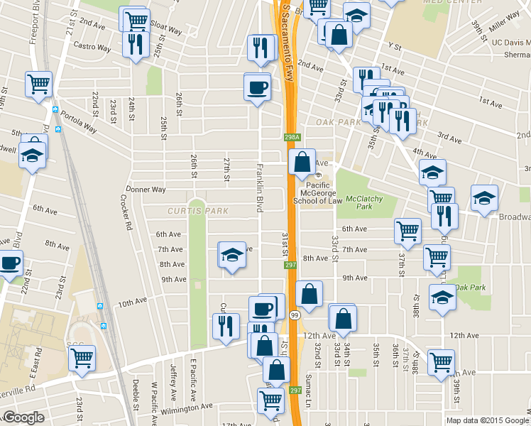 map of restaurants, bars, coffee shops, grocery stores, and more near 3071 Franklin Boulevard in Sacramento