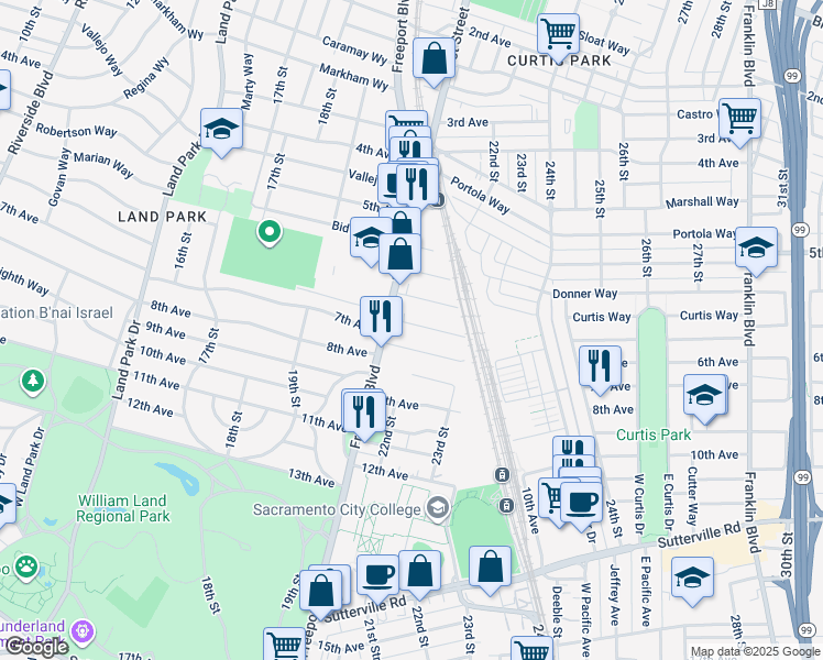 map of restaurants, bars, coffee shops, grocery stores, and more near 2106 6th Avenue in Sacramento