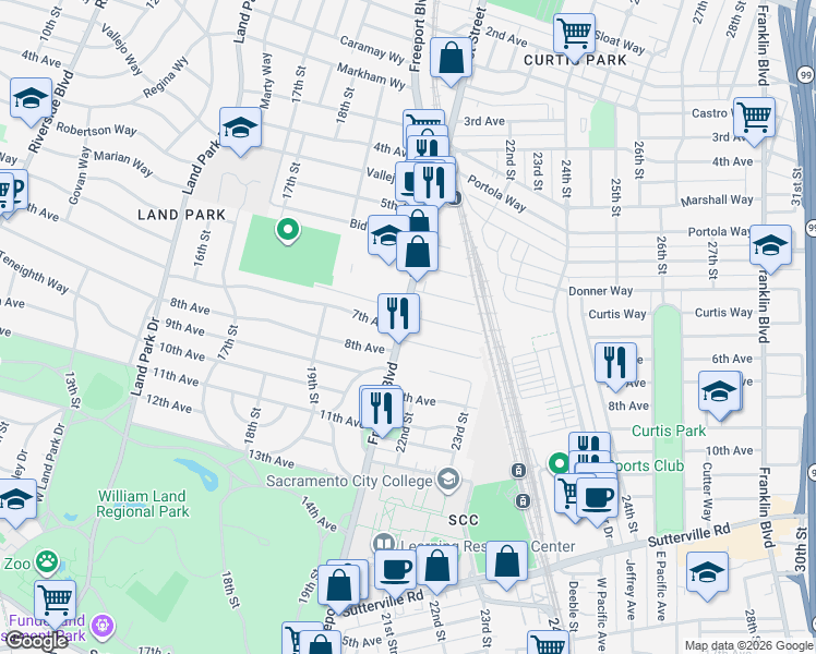 map of restaurants, bars, coffee shops, grocery stores, and more near 2106 6th Avenue in Sacramento