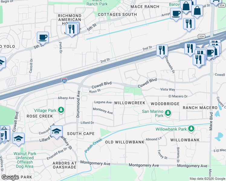 map of restaurants, bars, coffee shops, grocery stores, and more near 3534 Koso Street in Davis