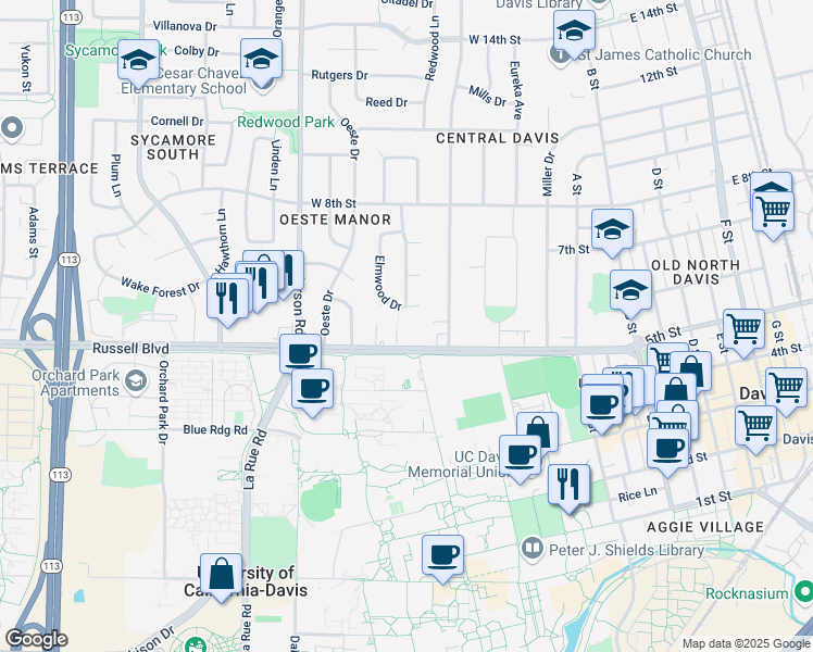 map of restaurants, bars, coffee shops, grocery stores, and more near 521 Elm Lane in Davis