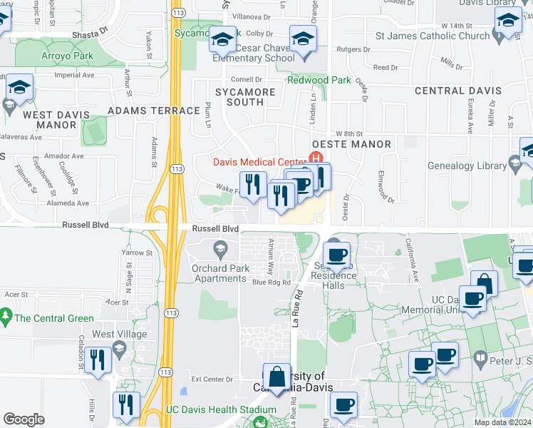 map of restaurants, bars, coffee shops, grocery stores, and more near 515 Sycamore Lane in Davis