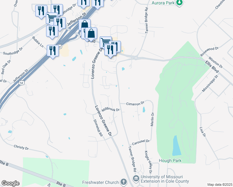 map of restaurants, bars, coffee shops, grocery stores, and more near 2100 Tanner Bridge Road in Jefferson City