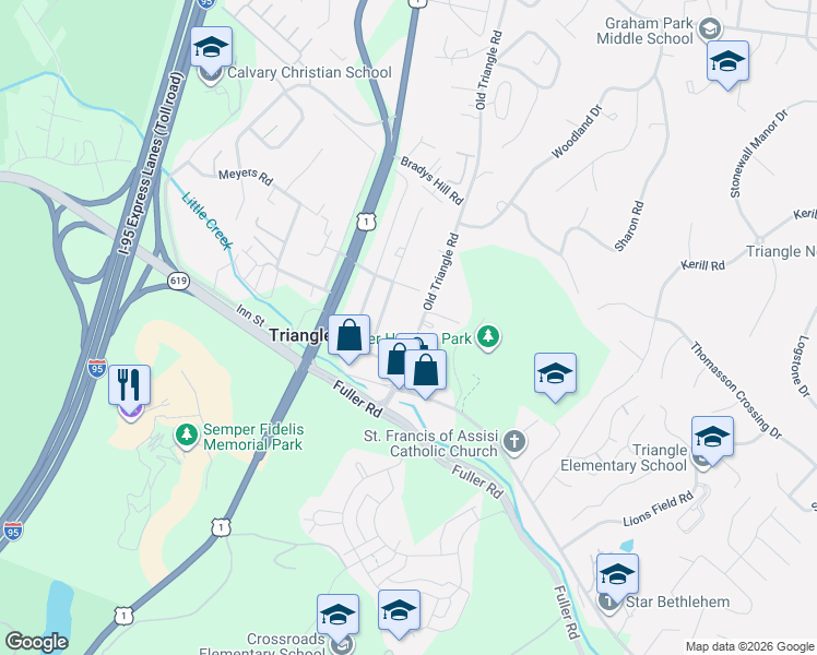 map of restaurants, bars, coffee shops, grocery stores, and more near 18612 Old Triangle Road in Triangle