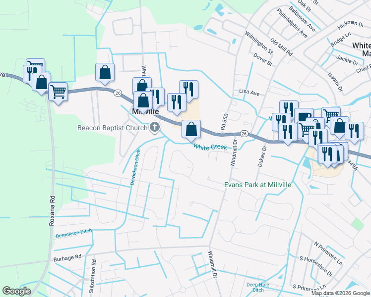 map of restaurants, bars, coffee shops, grocery stores, and more near 36408 Ridgeshore Lane in Millville
