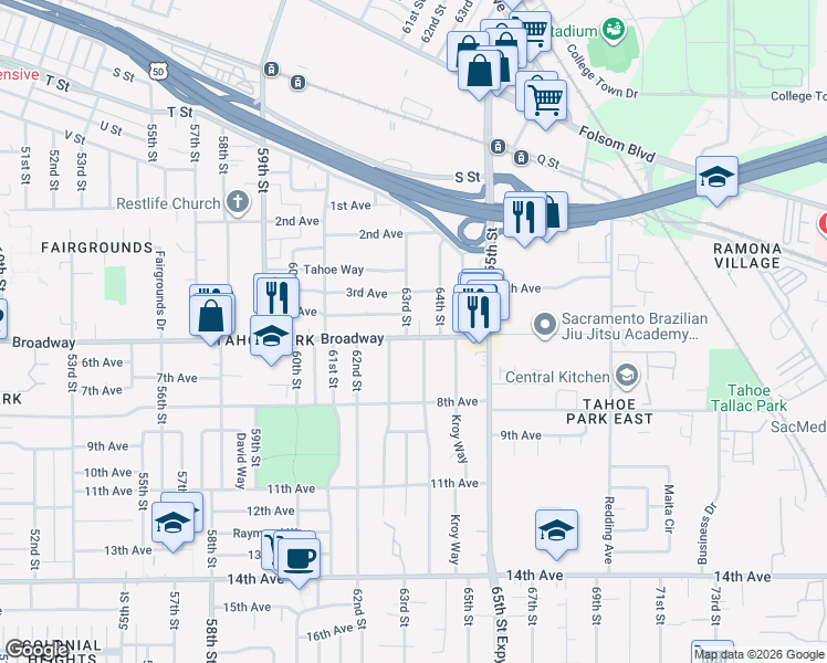 map of restaurants, bars, coffee shops, grocery stores, and more near 6301 Broadway in Sacramento