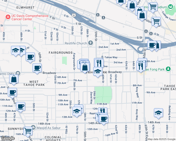 map of restaurants, bars, coffee shops, grocery stores, and more near 5791 Broadway in Sacramento