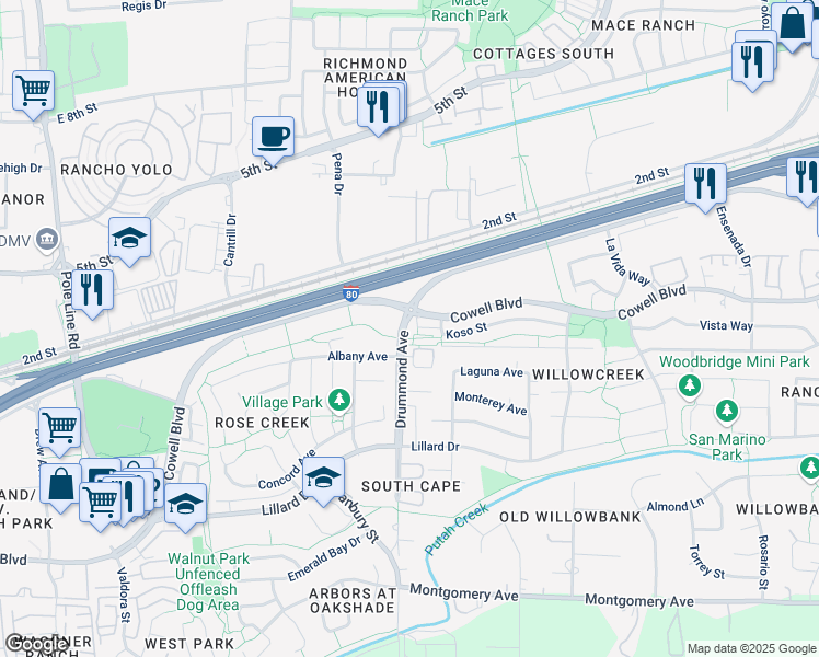 map of restaurants, bars, coffee shops, grocery stores, and more near 524 Drummond Avenue in Davis