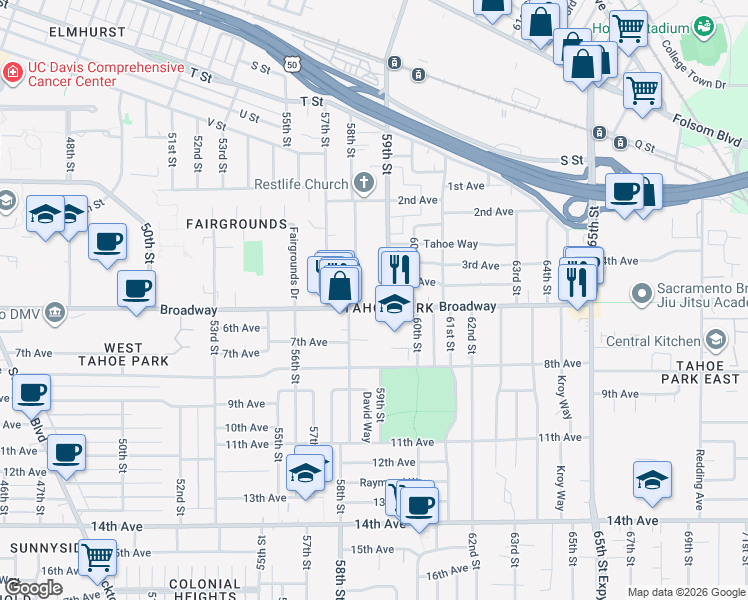 map of restaurants, bars, coffee shops, grocery stores, and more near 2917 59th Street in Sacramento