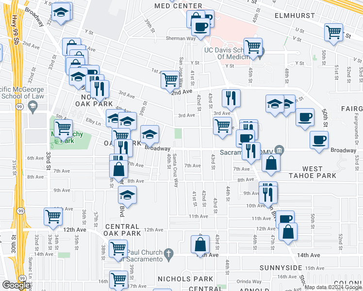 map of restaurants, bars, coffee shops, grocery stores, and more near 4041c Broadway in Sacramento