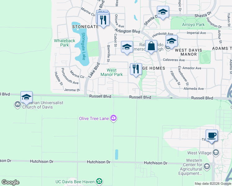 map of restaurants, bars, coffee shops, grocery stores, and more near 2727 Russell Boulevard in Davis