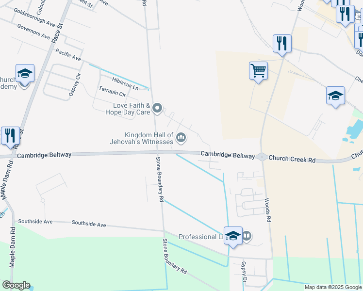 map of restaurants, bars, coffee shops, grocery stores, and more near 2671 Cambridge Beltway in Cambridge