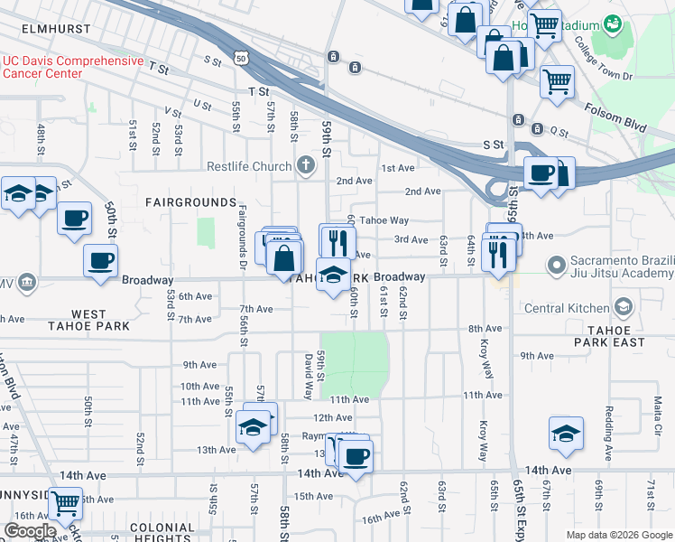 map of restaurants, bars, coffee shops, grocery stores, and more near 2917 59th Street in Sacramento