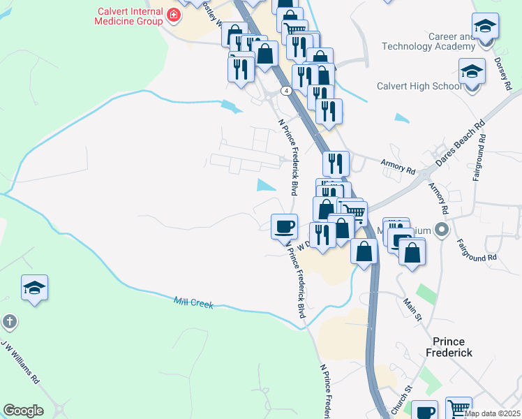 map of restaurants, bars, coffee shops, grocery stores, and more near 395 Elizabeth Drive in Prince Frederick