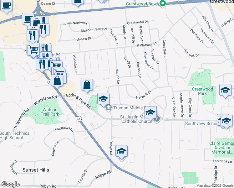 map of restaurants, bars, coffee shops, grocery stores, and more near 8929 Manda Lane in Saint Louis