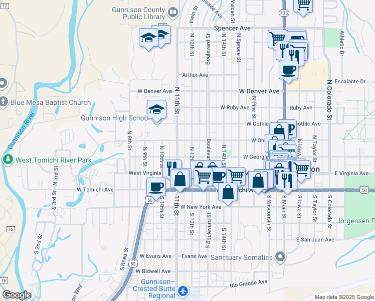 map of restaurants, bars, coffee shops, grocery stores, and more near 309 North 12th Street in Gunnison