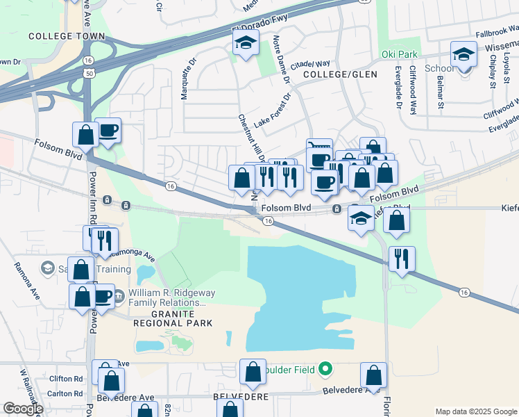 map of restaurants, bars, coffee shops, grocery stores, and more near 8322 Folsom Boulevard in Sacramento