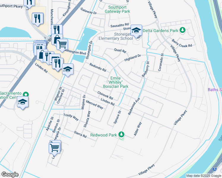 map of restaurants, bars, coffee shops, grocery stores, and more near 1720 Klamath Rd in West Sacramento