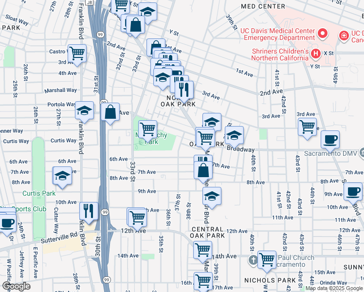 map of restaurants, bars, coffee shops, grocery stores, and more near 3700 Bigler Way in Sacramento