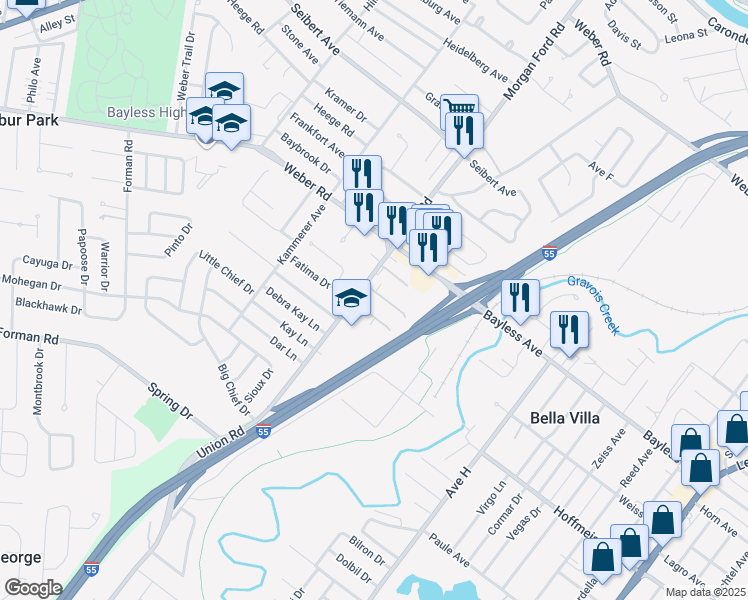 map of restaurants, bars, coffee shops, grocery stores, and more near 4262 La Salette Drive in St. Louis