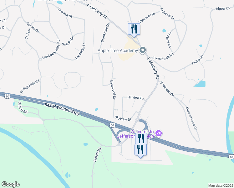 map of restaurants, bars, coffee shops, grocery stores, and more near 315 Eastwood Drive in Jefferson City