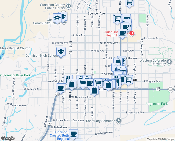 map of restaurants, bars, coffee shops, grocery stores, and more near 311 North Boulevard Street in Gunnison