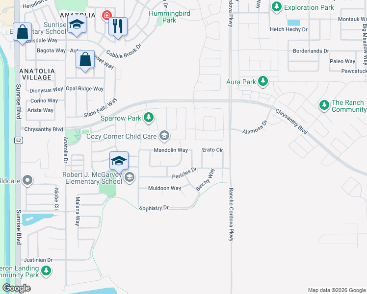 map of restaurants, bars, coffee shops, grocery stores, and more near 12001 Mandolin Way in Rancho Cordova