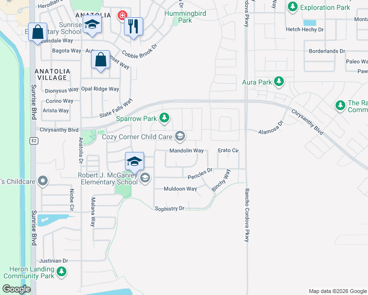 map of restaurants, bars, coffee shops, grocery stores, and more near 11975 Mandolin Way in Rancho Cordova