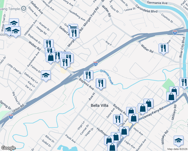map of restaurants, bars, coffee shops, grocery stores, and more near 630 Majesty Court in St. Louis