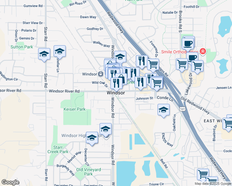 map of restaurants, bars, coffee shops, grocery stores, and more near 380 Windsor River Road in Windsor