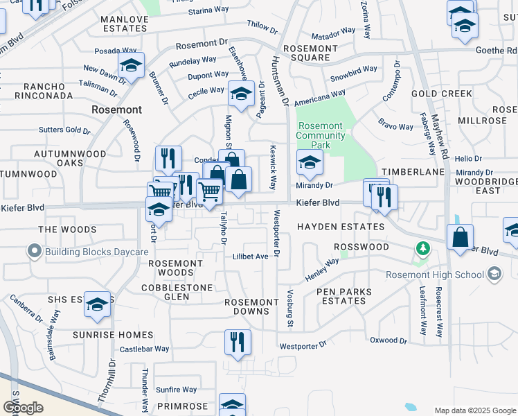 map of restaurants, bars, coffee shops, grocery stores, and more near 9230 Kiefer Boulevard in Sacramento