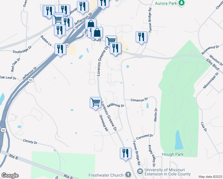 map of restaurants, bars, coffee shops, grocery stores, and more near 2105 Walz Court in Jefferson City