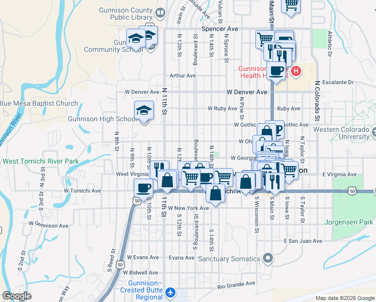 map of restaurants, bars, coffee shops, grocery stores, and more near 311 North Boulevard Street in Gunnison