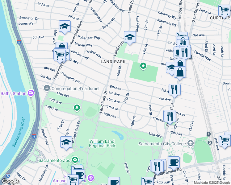 map of restaurants, bars, coffee shops, grocery stores, and more near 1601 9th Avenue in Sacramento