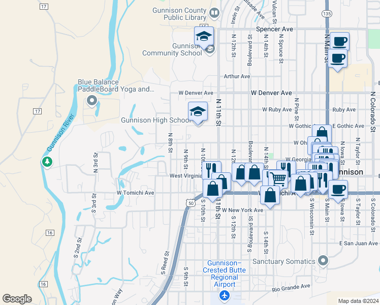 map of restaurants, bars, coffee shops, grocery stores, and more near 305 North 10th Street in Gunnison