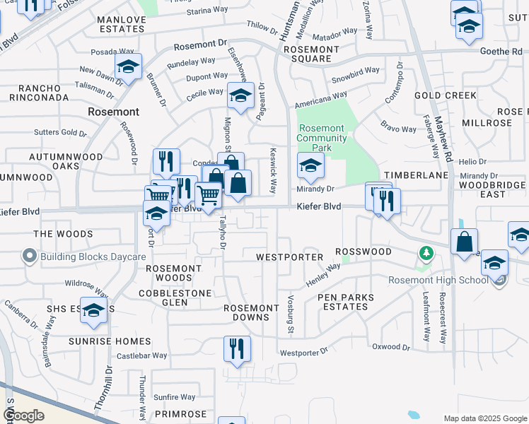 map of restaurants, bars, coffee shops, grocery stores, and more near 9230 Kiefer Boulevard in Sacramento